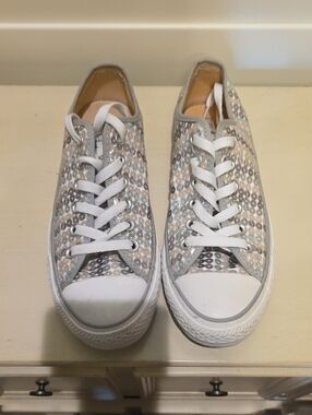 Converse Low-Top Sequined Sneakers in White, Silver & Beige